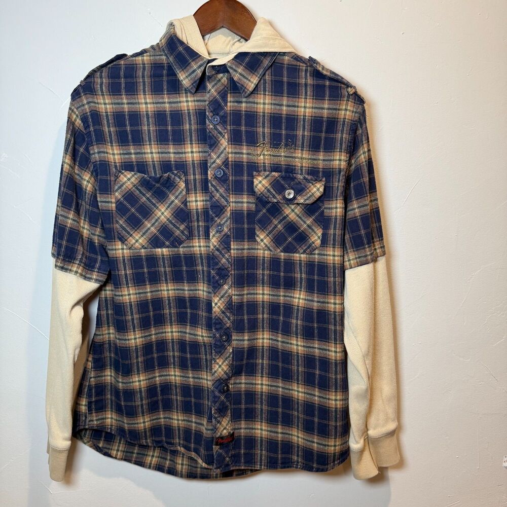 Fender Plaid Hoodie Long Sleeve Button Up Men's Medium Grunge Skater Punk Y2K